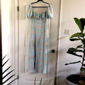 Floral print dress neck puff sleeve side split